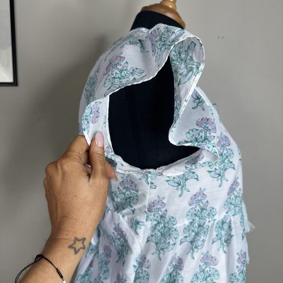 J Marie CECILIA RUFFLE SLEEVE DRESS Sz Large Tiered White Teal Floral Print - Picture 7 of 11